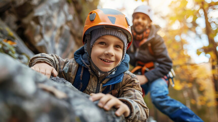 Father and son enjoying a fun and adventurous climbing experience together in an outdoor park