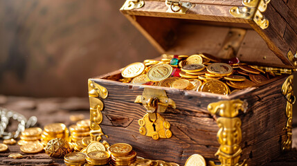 Antique pirate treasure chest overflowing with gold coins, showcasing intricate details and rustic charm. Perfect for themes of adventure, wealth, and historical treasures.