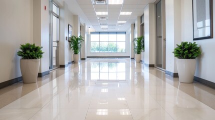 Fototapeta premium Spacious and Inviting Corporate Office Ambiance with Professional Decor and Abundant Natural Lighting Creating a Serene and Productive Workspace