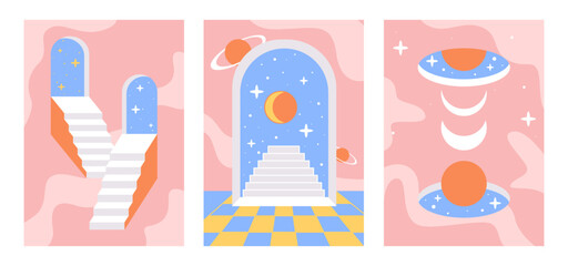 Surrealism Poster Set. Geometric Ladder, Abstract Shapes, Moon Light. Vector Illustration in Minimal Style.
