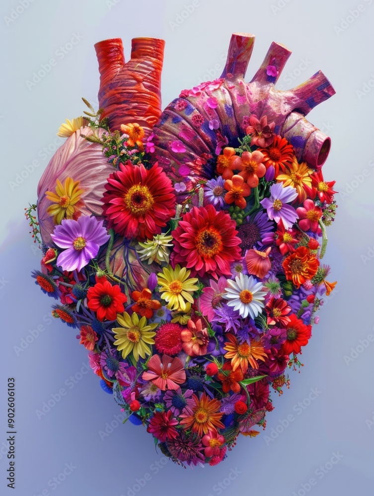 Sticker A heart made of flowers and leaves. The heart is surrounded by a blue background. The flowers and leaves are in various colors and sizes, creating a vibrant and lively scene