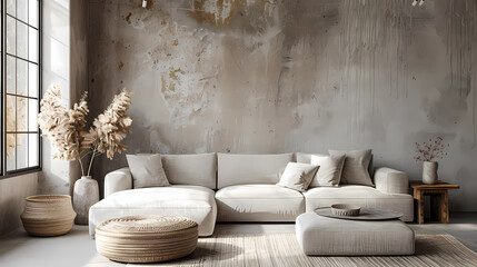A modern living room with a sectional sofa, a large vase of dried flowers, and a textured wall. The room is decorated in neutral colors, creating a calm and inviting atmosphere.