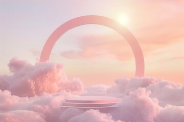 Product Presentation 3d podium in the clouds with pink pastel sky background, circle arch above, sun light rays, dreamy, ethereal