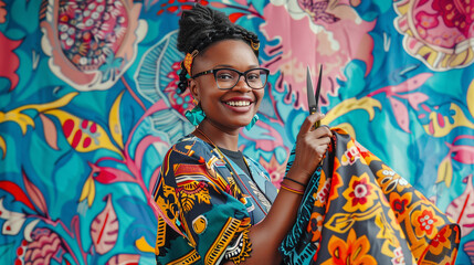 Smiling Fashion Designer with Fabric and Scissors: A Vibrant Creative Professional