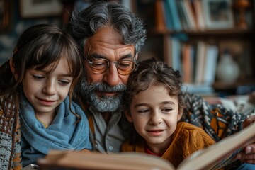 Fototapeta premium Grandfather Reading A Story To Two Children In Cozy Indoor Setting