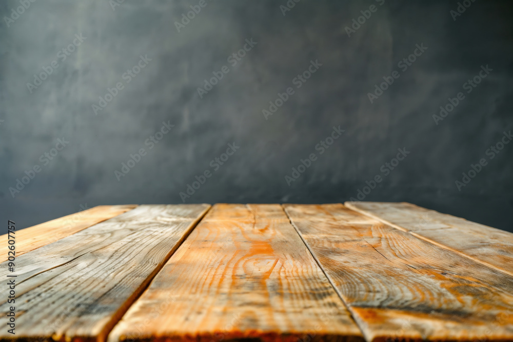 Aufkleber empty wooden table top made of planks showing wood grain on blurred gray background