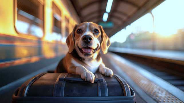 Happy Beagle Dog Sitting on Suitcase at Train Station Platform
