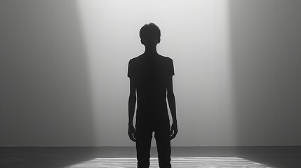 Fototapeta premium Silhouette of a Person Standing Back to Viewer on White Background in Sharp Shadow Style. Minimalist Art with Clear Lines and Contrasts
