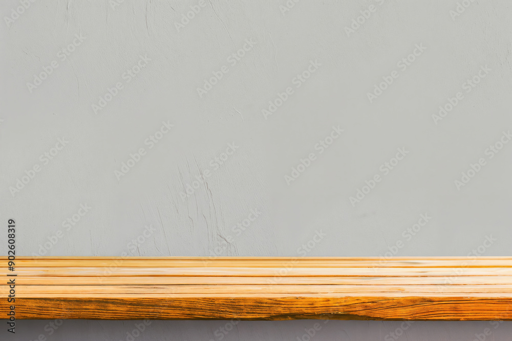 Poster empty wooden shelf on gray concrete wall background providing space for product display