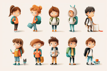 set of animated characters with a school backpacks on a white background, back to school concept	