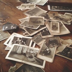 Nostalgic charm background of old photos, torn and yellowed by time, on a grunge wooden table, soft focus