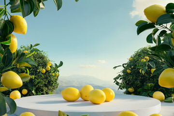 Empty Podium Surrounded by Fresh Lemons and Lush Greenery