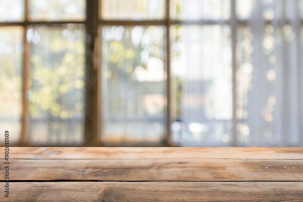 Poster Empty wooden table top is presenting a blurred window background with a view of trees in the garden