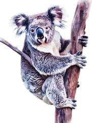 Obraz premium A koala is sitting on a tree branch. The koala is looking at the camera. The image has a calm and peaceful mood