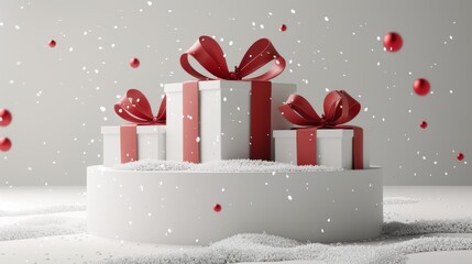 3D rendering of Christmas gift boxes with red ribbons and snowflakes