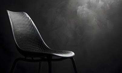 Close-up shot of a single grey plastic garden chair against a plain dark grey background