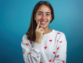Fototapeta premium Young girl smiling with her finger on her chin, looking to the camera, blue background, wearing a white sweat with a bunch of small red hearts