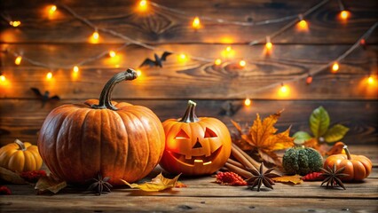 Halloween background featuring a tilted angle pumpkin with spooky decorations, dark, gourd, night, fall, pumpkin, autumn, spooky, candlelight, party, carved, lantern, decoration