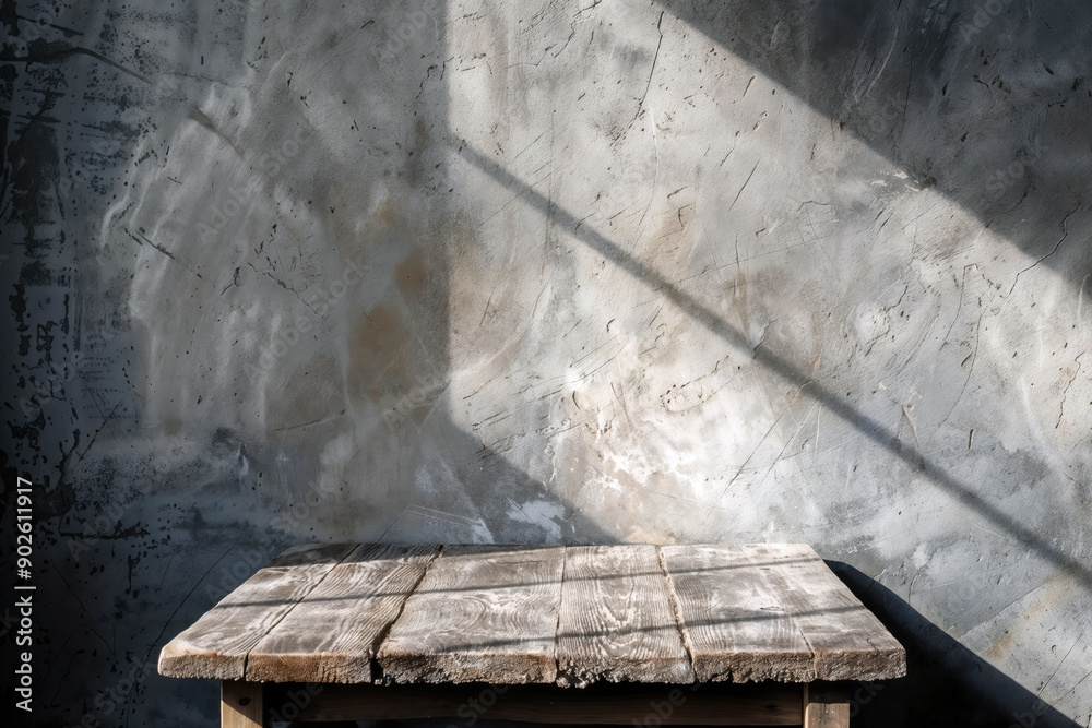 Poster empty wooden table top casting a shadow on a grunge concrete wall background, displaying a minimalis