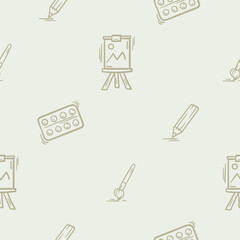 Light seamless pattern with attributes of creativity, drawing, learning and school. Simple vector illustration with repeating school icons of brush, paints, easel and pencil