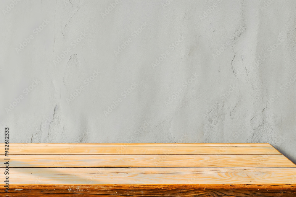 Poster empty wooden tabletop displaying products with copy space against textured wall