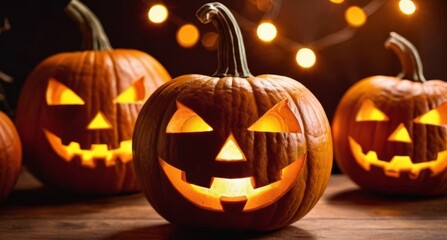 Fototapeta premium Halloween pumpkins jack-o-lantern on orange background. Halloween pumpkin background.
