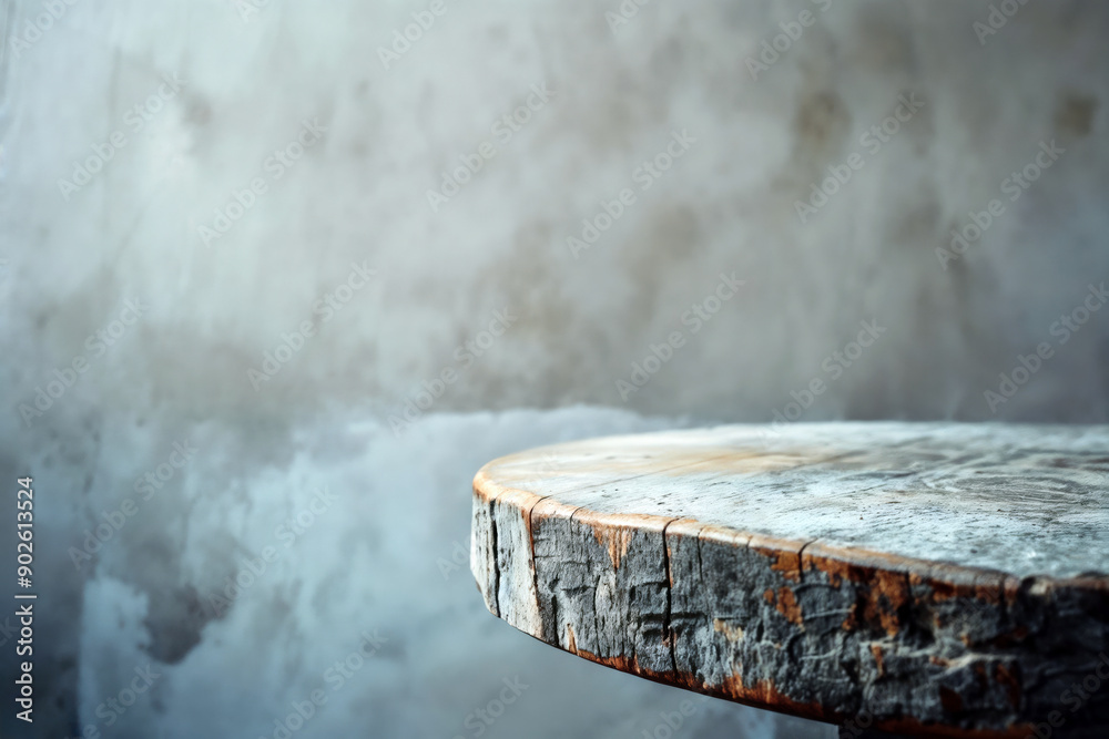 Poster empty round wooden tabletop on blurred concrete background providing copy space for product placemen