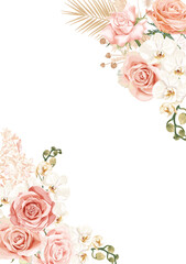 A wedding vector frame with flowers: pink roses, white orchids,  delicate hydrangeas, dried palm leaves. Perfect for invitations and festive events, creating a romantic and elegant atmosphere.