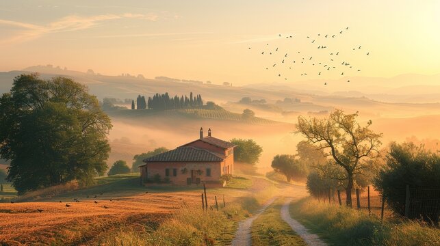 A romantic estate at sunrise, with light fog on the ground and birds flying in the sky, captured at 8K resolution