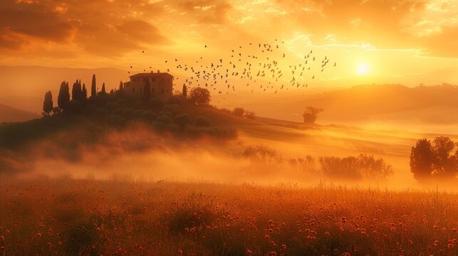 A romantic estate at sunrise, with light fog on the ground and birds flying in the sky, captured at 8K resolution