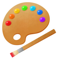 七色の絵の具を乗せたパレットと絵筆のイラスト
