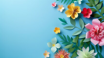 Naklejka premium colored paper cut flowers with green leaves at the top perspective, set against a blue background with copy space, Generative AI.
