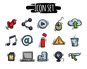 Bright set of hand drawn icons related to the internet, computer, users and interface. Simple vector signs and symbols for website design, application, banners