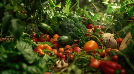 A bunch of vegetables including broccoli, squash, and tomatoes are scattered on the ground. Concept of abundance and freshness, as the vegetables are spread out in a natural setting