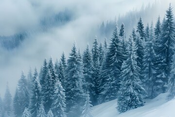 Fototapeta premium Winter Wonderland in Foggy Snow-Covered Forest - Nature, Landscape Photography for Posters and Print