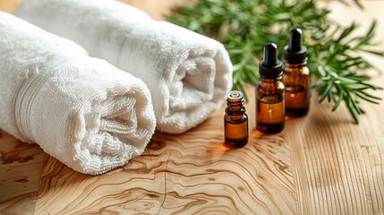 Freshly rolled white towels next to essential oils on a wooden table, copy space for text