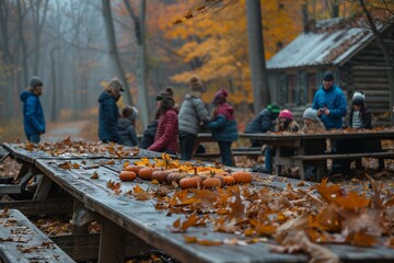 Families Enjoying Autumn Activities With Pumpkins and Leaves in a Forest Setting