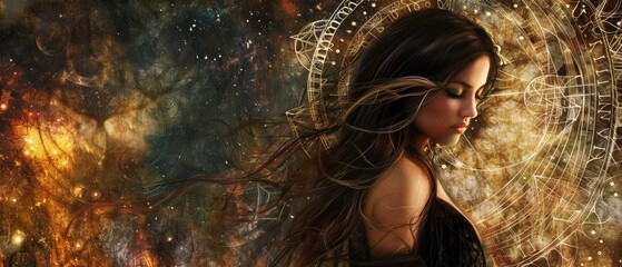 A serene woman in a black dress with dark hair flowing in a cosmic setting. An ancient clock hints at time and universe themes. Ethereal and sci-fi vibe with a blend of real and imaginary elements.