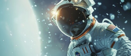 An astronaut in a clear helmet observes Earth in space. Gray clouds, blue gradients, and scattered bright points depict the vastness. A bright light hints at reflection.