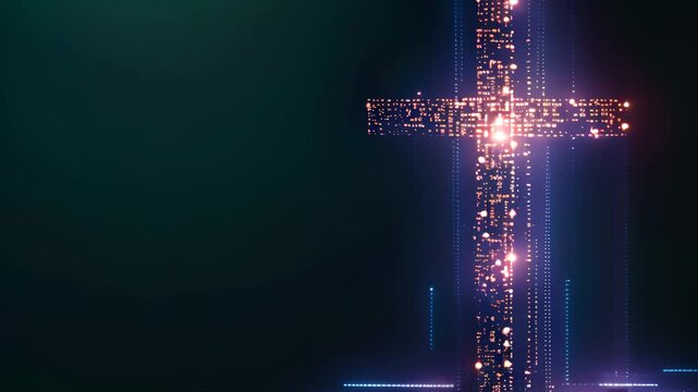 Digital Christian cross god Jesus Christ technological background religion illustration modern computer internet religious shining glowing data science accessible Bible spiritual cyberspace