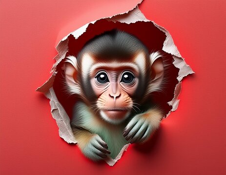 Adorable Monkey peeking through ripped red paper