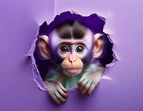 Adorable Purple Monkey peeking through ripped paper
