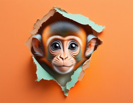 Adorable Orange Monkey peeking through ripped paper