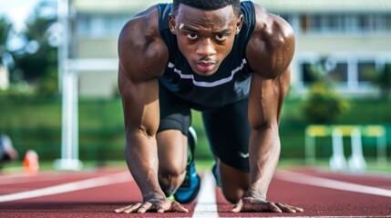 A determined man in black top and grey shorts, sweating profusely, ready to sprint on a track, with a blurred background of grass, a building, and a spectator, poised for a race.