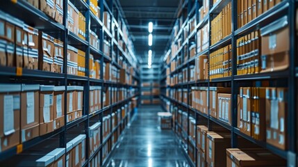 Fototapeta premium A photo shows a large warehouse with organized aisles of boxes labeled with orange file folders. The industrial space is dimly lit, highlighting its scale and cleanliness with a human presence.