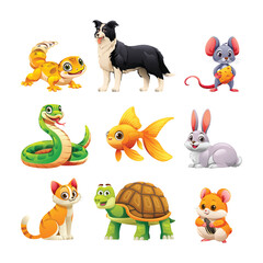 Naklejka premium Set of pet animals including gecko, dog, rabbit, and cat. Vector cartoon illustration