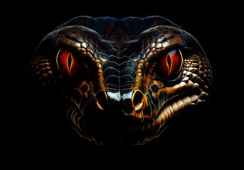 anaconda face with shiny red eye isolated on black background