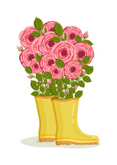 Bouquet of roses in yellow rain boots. Spring composition for Women's Day, Mother's Day, Valentine's Day and other holidays. Spring floral design isolated vector illustration.