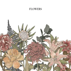 Gardinen Dschungel Vintage floral wreath: hand drawn botanical illustration with chrysanthemums and lilies. Watercolor flowers. Realistic botany.Flower frame. Invitation, greeting card, product advertising.   © Elli