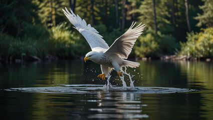 Obraz premium a white eagle flies over the water in the forest